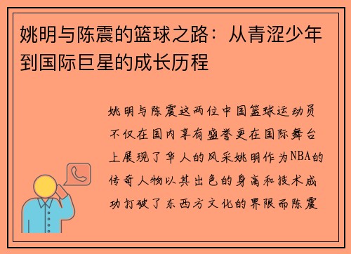 姚明与陈震的篮球之路：从青涩少年到国际巨星的成长历程